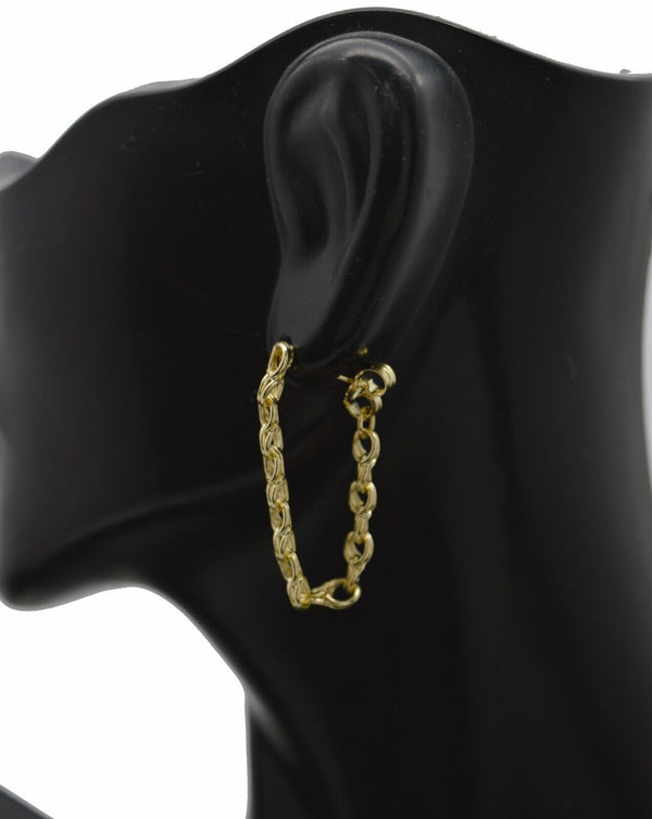 Real 10K Solid Yellow Shiny Double Endless Charm Rolo Chain Long Drop Earrings