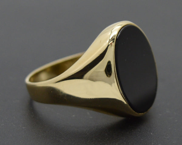 Real Solid 14K Yellow Gold 17mm Oval Close Black Onyx Signet Ring 6gr ALL Sizes