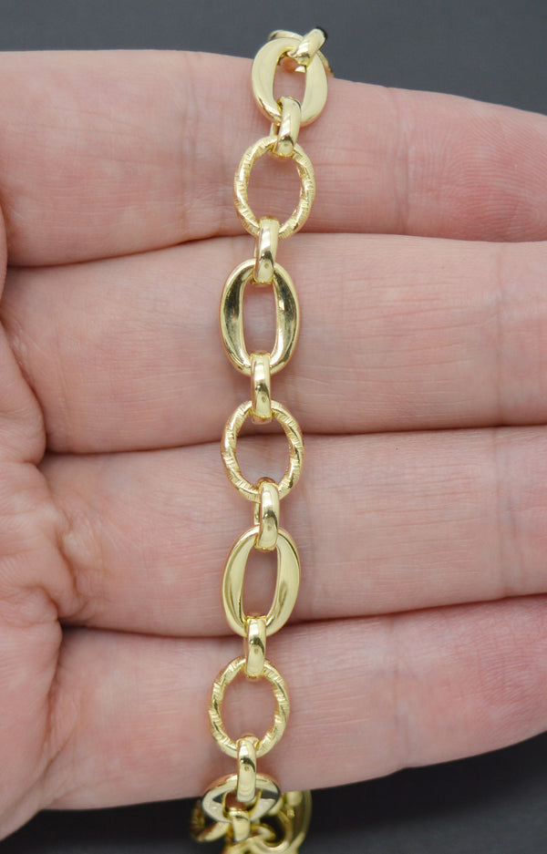 Real 14K Yellow Solid Gold Shiny 7.5" Oval With Rolo Linked Chain Bracelet 4.9gr
