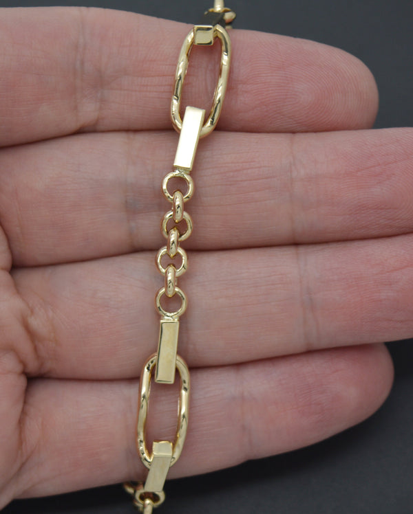 Real 14K Yellow Solid Gold Shiny 7.5" Rolo Interlocking Linked Charm Bracelet