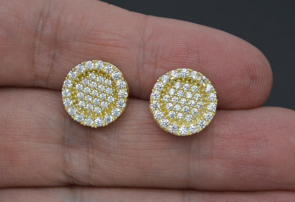 Real 10K Solid Yellow Gold 13mm Men's 3D Round Cut Iced CZ Stud Earrings 3.7gr.jpg