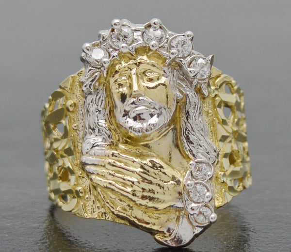 Real Solid 10K Yellow Gold Men's Jesus Head Praying Nugget CZ Ring 28mm ALL Sizes