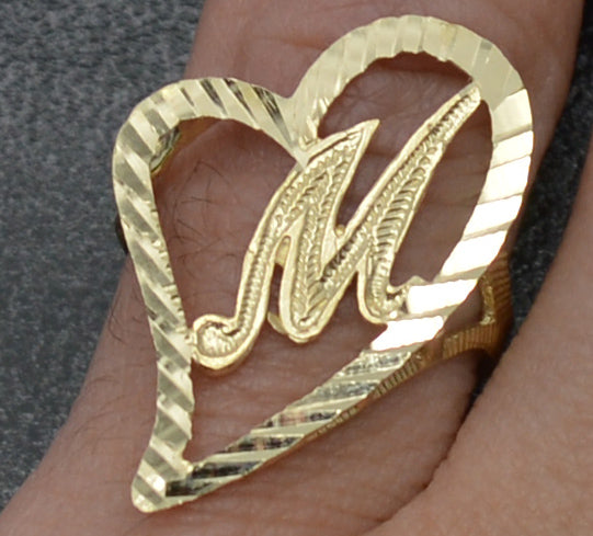 Real 10K Solid Yellow Gold Women Heart Initial Letter Ring 2.2gr A-Z Sizes 5-11