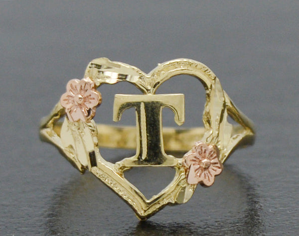 Real 10K Solid Yellow Gold Heart Initial Letter Women Ring 1.7gr A-Z Sizes 4-11
