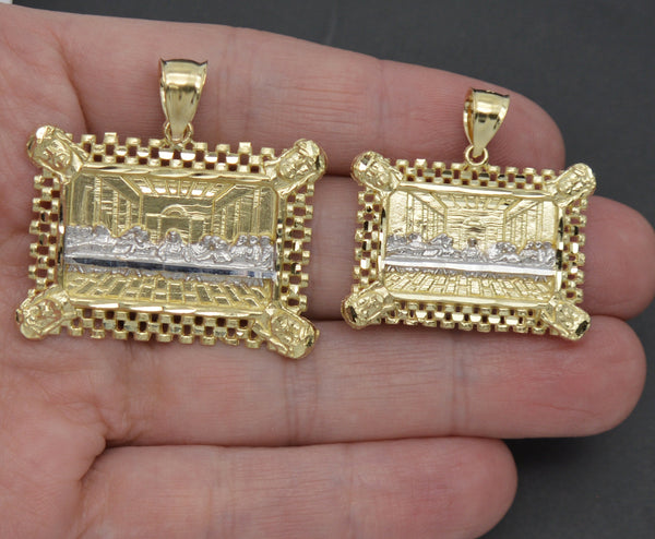 Real 10K Solid Yellow Gold Shiny Rectangle Railroad Last Supper Jesus Pendant.jpg