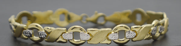 Real 10K Solid Two-Tone Gold 13mm Heart & Kisses 7.5" XO Charm Bracelet 5.7gr.jpg