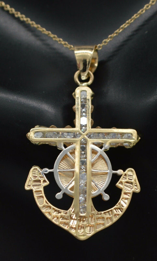 14k Solid Yellow Gold Anchor cross Religious cz Pendant +18 Chain #ga92