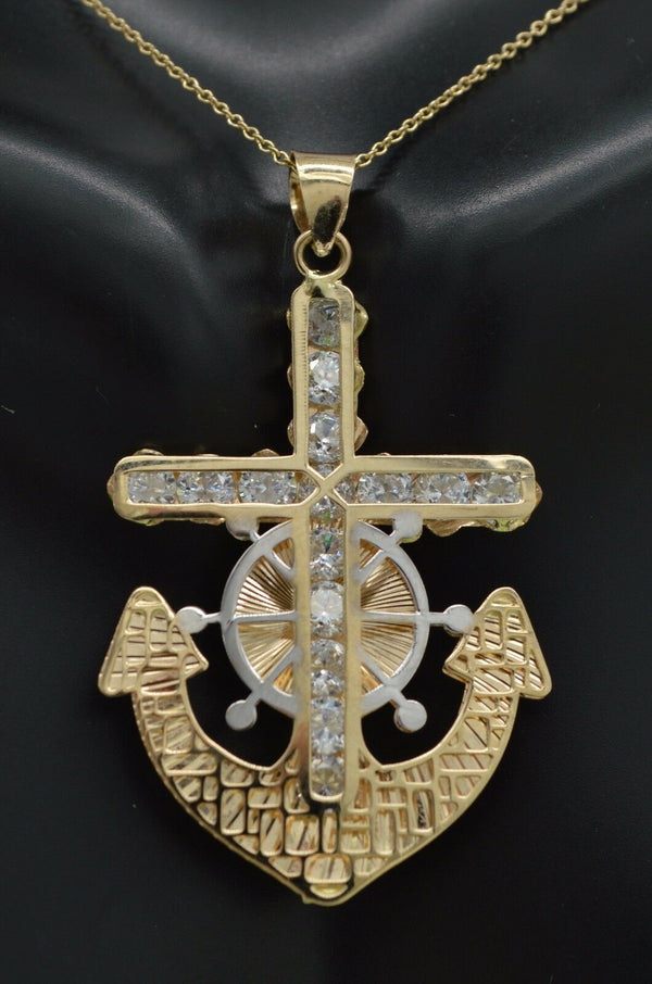 14k Solid Yellow Gold Anchor cross Religious cz Pendant +18 Chain