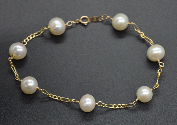 NEW 14K Solid Yellow Gold White 7mm Cultured Pearl Bracelet 7.1/4".jpg