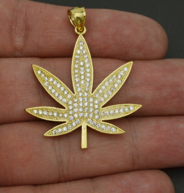 10K Solid Gold Created Diamond 7 Cannabis Leaf Marijuana Pendant 4.7gr