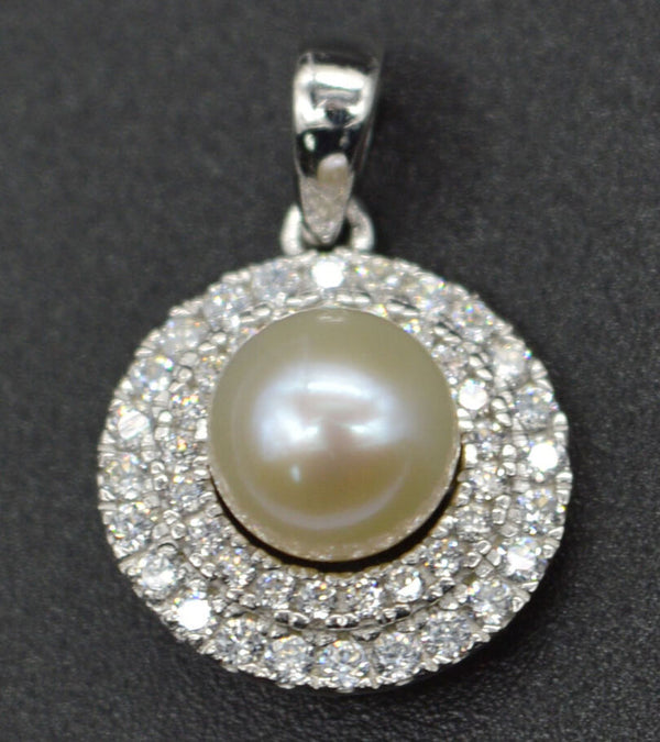 14k White solid Gold Round Cut Halo Culture pearl Created Diamond Pendant