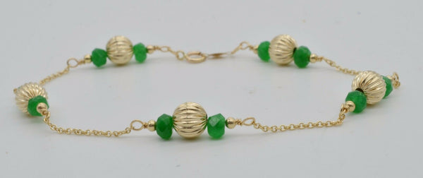 NEW 14K Solid Yellow Gold Green Emerald & Corrugated Ball Bead Bracelet 8".jpg