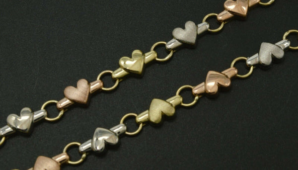 Real 10K Tri Color Gold 5.3mm Puffed Heart Link Ankle Bracelet  9'' - 10''.jpg