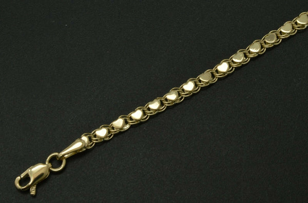 14k Yellow Solid Gold Mirrored Heart Link Chain Charm ankle Bracelet 10''.jpg