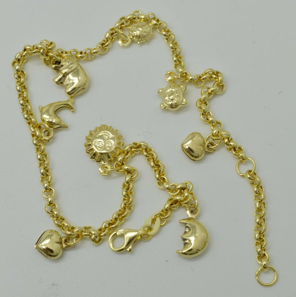 Real 10K Yellow Gold Multi Charms Heart Turtle Lady bug Ankle Bracelet  9''-10''.jpg