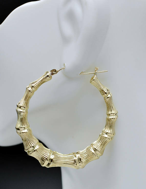 REAL 10K Yellow Gold 2" 50mm Large Graduated Bamboo Hoop Earrings