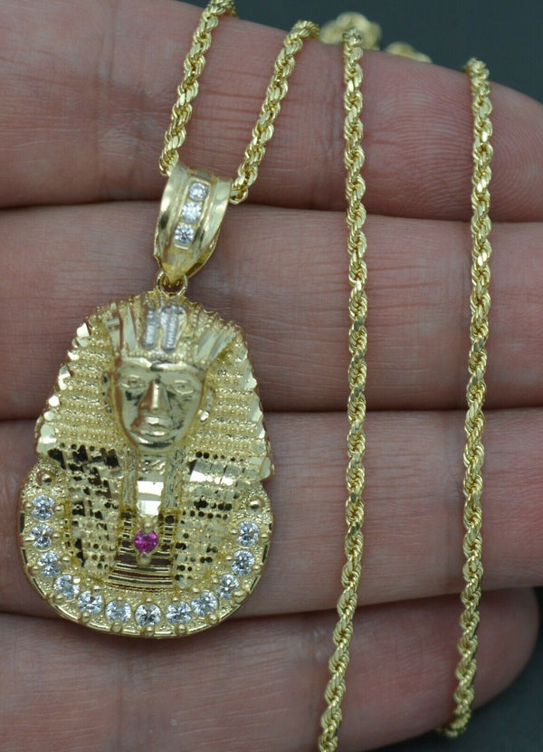 Real 10K Yellow Solid Gold Egyptian King Diamond Cut Pendant+Chain 16"-24"