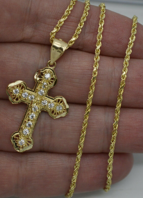 Real 10k Yellow Gold CZ Cross Pendant + Rope Chain 16"-24"