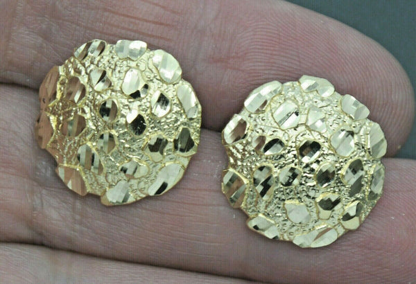 Real 10K Yellow Gold Large Round Diamond Cut Nugget Stud Earrings 18.6mm
