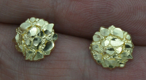 Real 10K Yellow Gold Round Diamond Cut Nugget Stud Earrings 10.3mm