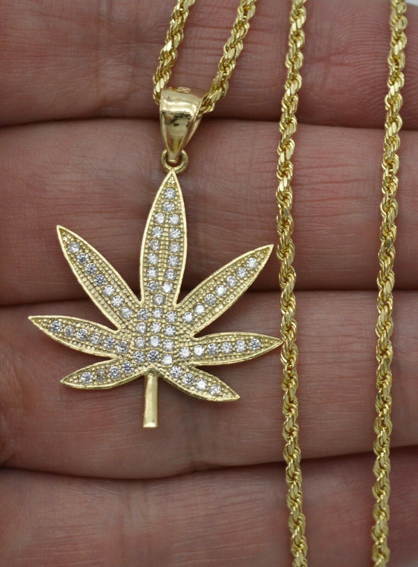 10K Solid Gold CZ 7 Cannabis Leaf Marijuana Pendant + Chain 16"-24"