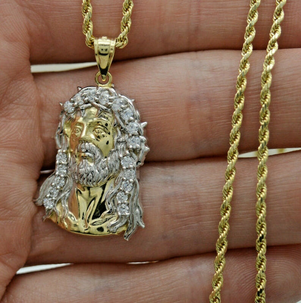 Real 10K Yellow Gold Jesus Head Diamond Cut Pendant + Chain 16"-24"