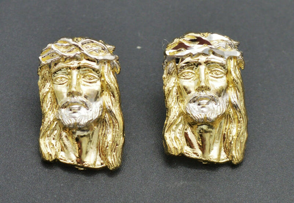 Real 10k Yellow Gold Jesus Head Diamond Cut Stud Earrings 2.7gr