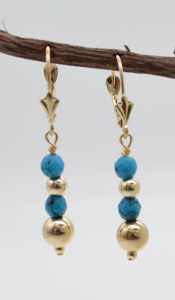 #BE161 New 14K Solid Gold Natural Turquoise Drop Earrings