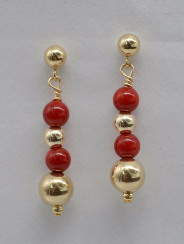 #BE-162 New 14K Solid Gold Natural Coral Bead Drop Earrings
