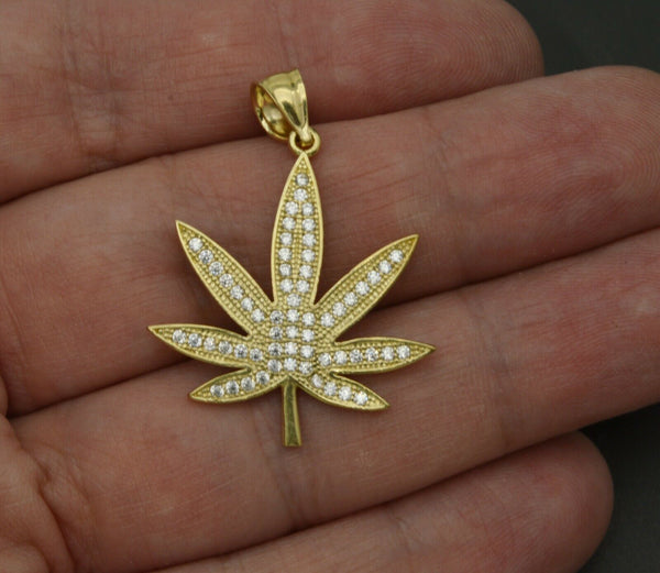 10K Solid Gold Created Diamond 7 Cannabis Leaf Marijuana Pendant 3.1gr