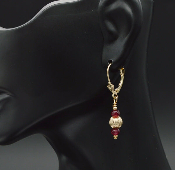 New 14K Solid Gold Natural Ruby and Corrugated Beaded Leverback Earrings