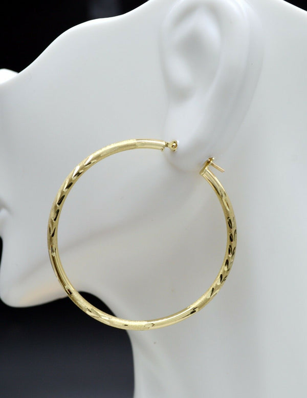 1.4'' 10k Solid Yellow Gold Large hoop Diamond Cut Earrings 35mm x2MM 2.1GR