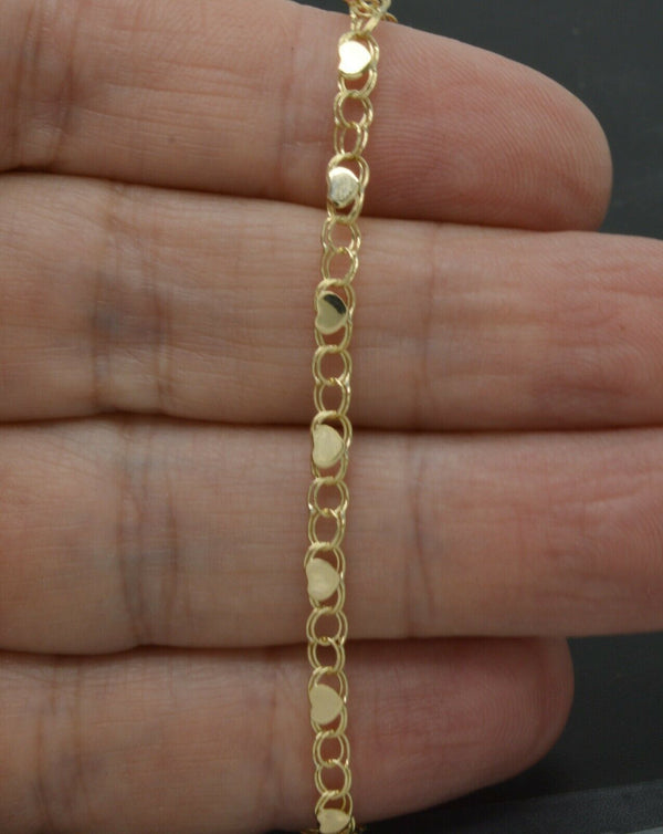 10k Yellow Solid Gold Mirrored Heart Link Chain Charm Anklet Bracelet  9'' 10''.jpg