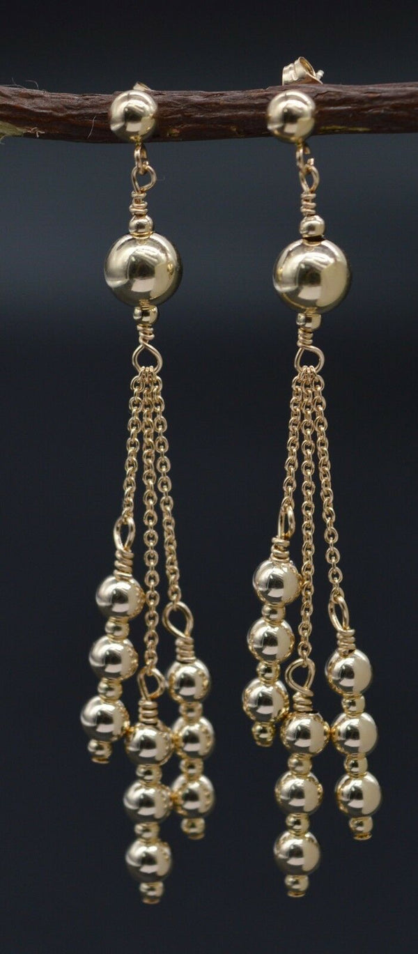 New 14K Solid Yellow Gold Round Triple Bead Drop/Dangle Earrings