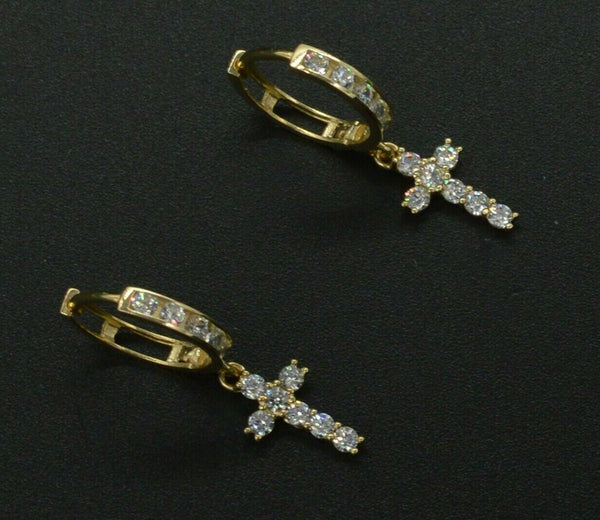 14K Yellow Solid Gold Huggie cross Round Created Diamond Brilliant Earrings
