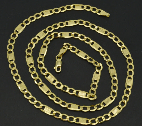 Real 10K Yellow Gold 5mm Fancy Textured Figaro Link CHAIN NECKLACE- 20" 22" 24''