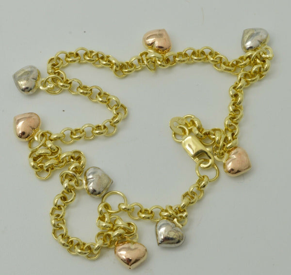 Real 10K multi color Gold rolo Link Heart Charms Ankle Bracelet  9''-10''.jpg