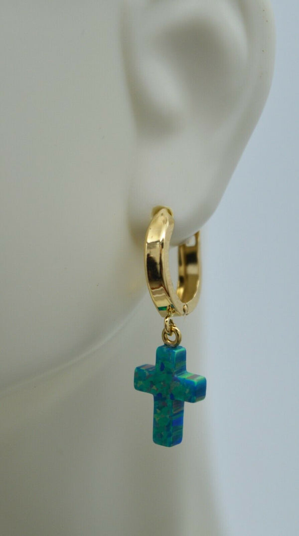14K Solid Yellow Gold Green Cross Huggie Opal Dangle Earrings