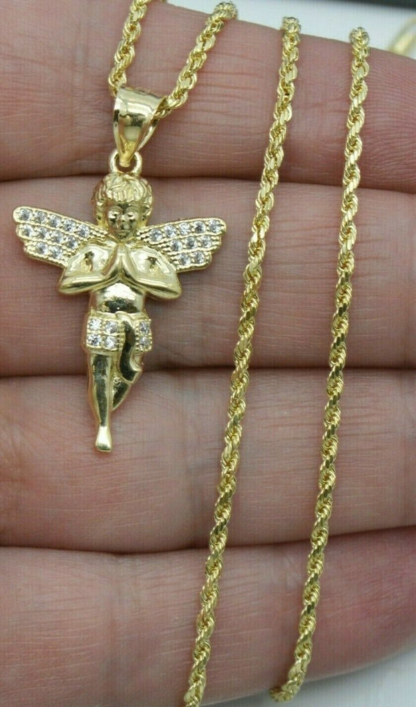 Real 10K Yellow Solid Gold CZ Praying Angel Charm Pendant+Chain