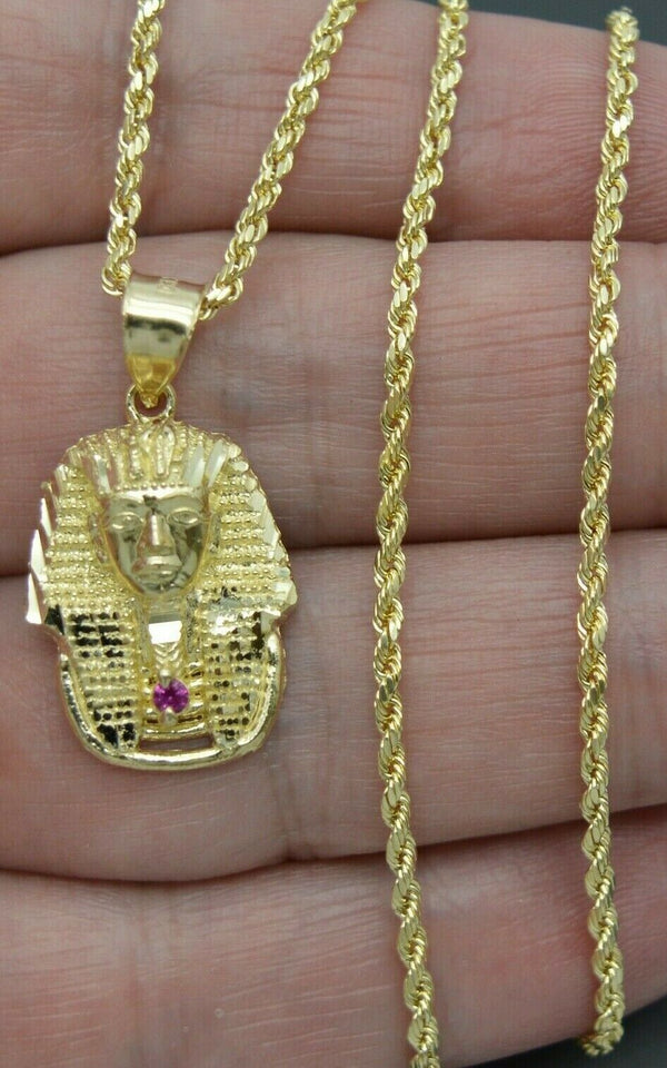 Real 10K Yellow Solid Gold Egyptian King Head Diamond Cut Pendant+Chain