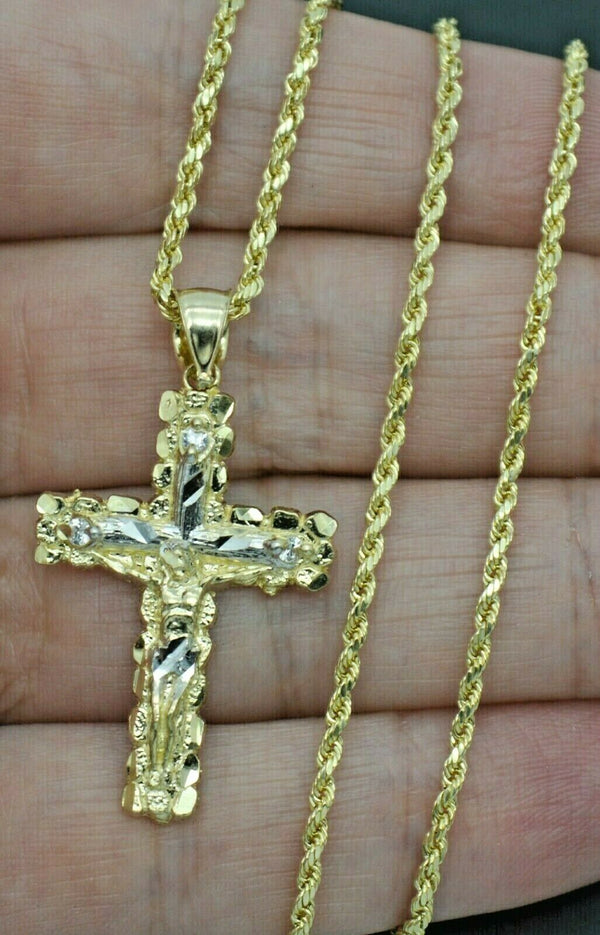 Real 10k Yellow Gold Jesus Crucifix Cross Diamond Cut Pendant + Chain