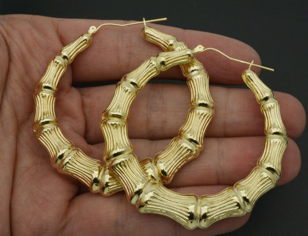 REAL 10K Yellow Gold 2 1/4 " 60mm Large Graduated Bamboo Hoop Earrings