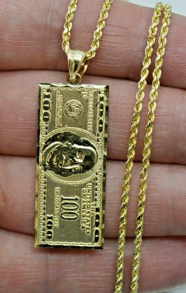 Real 10K Yellow Gold Diamond Cut One Hundred Dollar Bill Pendant + Chain 16"-24"