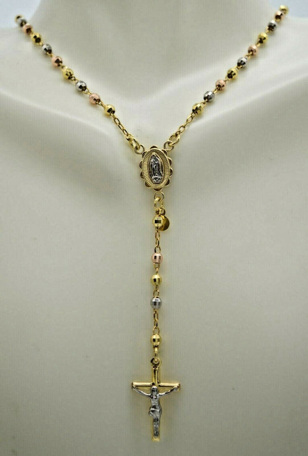 10k Solid Yellow Gold Colored Beads Rosary Virgin Mary Jesus Cross Necklace 17"