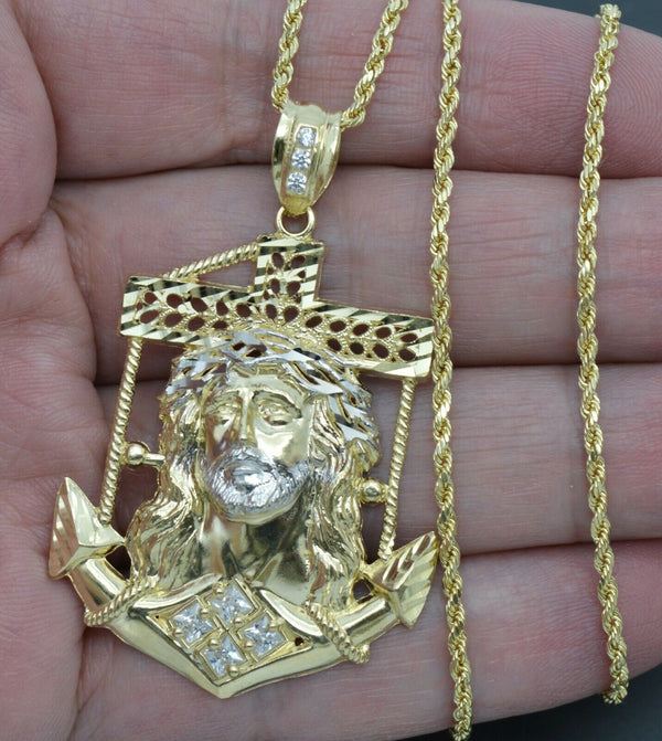 Real 10K Yellow Gold Jesus Head Anchor Diamond Cut Pendant 6g + Chain 16"-24"