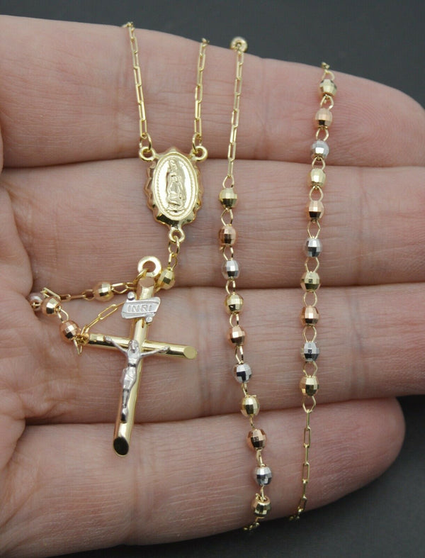 10k Solid Yellow Gold Colored Beads Rosary Virgin Mary Jesus Cross Necklace 24"