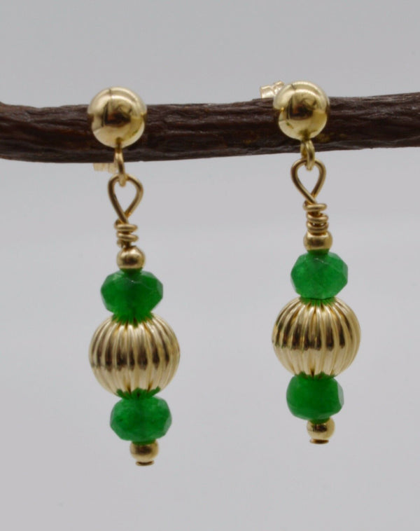 #BE-200 14K Solid Gold Corrugated Ball Beaded and Green Quartz Drop Earrings