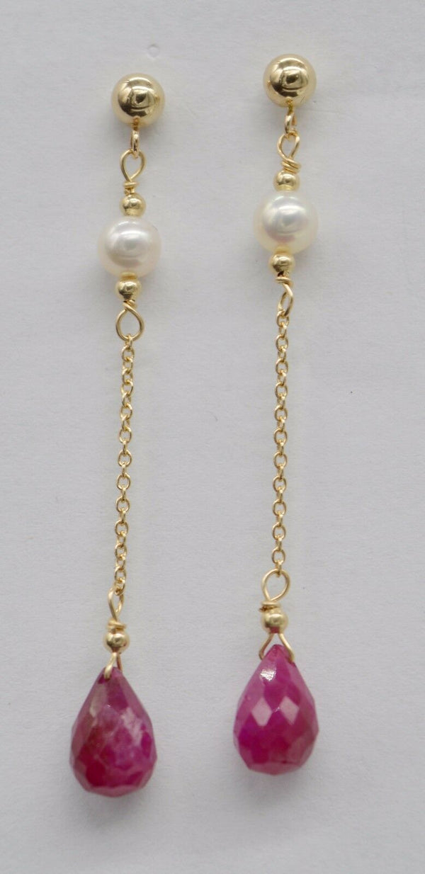 #BE-148 New 14K Solid Gold Natural Ruby with Cultured Pearl Long Drop Earrings