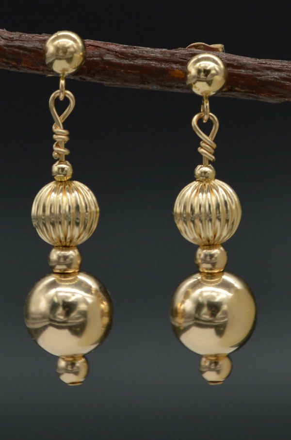 New 14K Solid Yellow Gold 8mm Shiny&corrugated Bead Drop Dangle Earrings