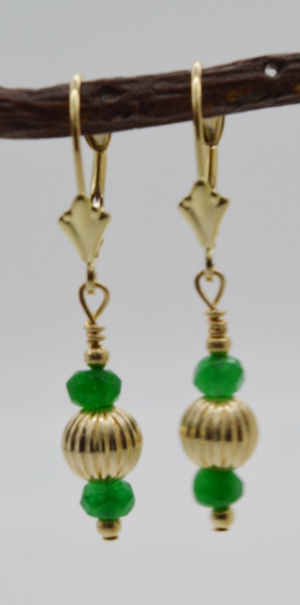 #BE200 14K Solid Gold Corrugated Ball Bead & Green Quartz Drop Earrings